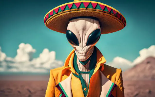 AI generated picture of a grey alien wearing a Mexican style hat.