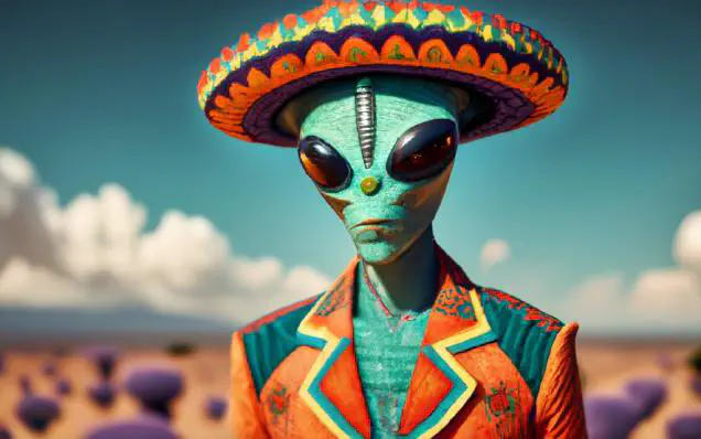 AI generated picture of a grey style alien wearing a Mexican inspired blazer and a sombrero