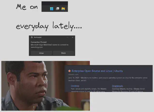 Meme showing a guy sweating intensely trying to resist the temptation of installing Ubuntu